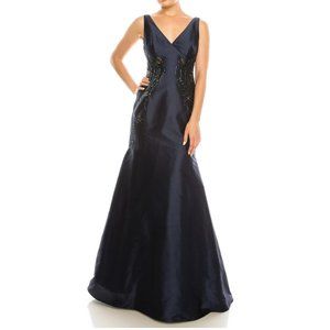 ADRIANNA PAPELL V-NECK SLEEVELESS ZIPPER BACK EMBELLISHED DRESS(AP1E201575)